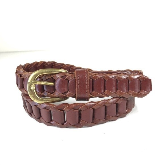 Vintage Genuine Leather Brown Woven Braided Belt Brass Buckle M L - Picture 9 of 10